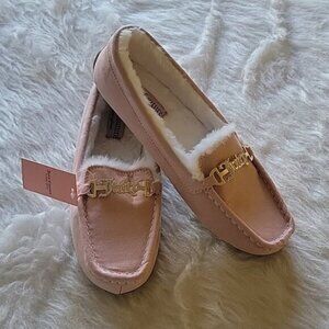 JUICY COUTURE Pink White Faux Fur Glam Pavé Logo Moccasin Smoking Slipper Loafer